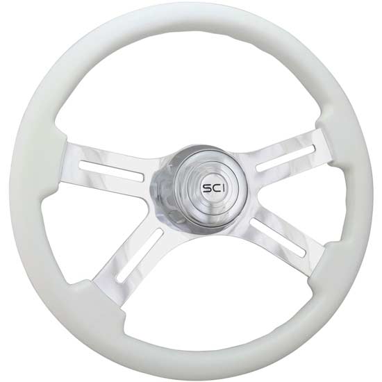 Steering Wheel 4 Spoke w/Slots Classic White 18" Wood Rim Chrome Bezel 3 Hole 